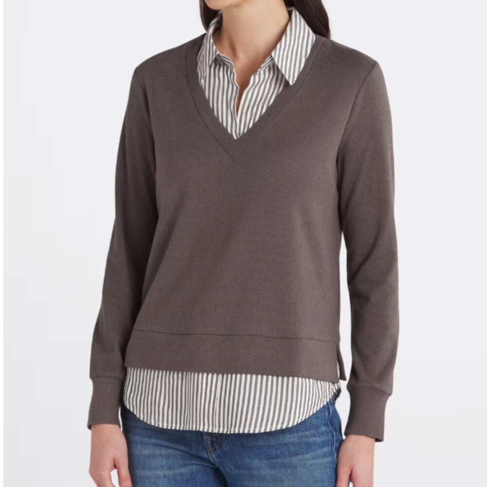 Fortune + Ivy Gray Knit Top With Stripe Collar & Hem Modern Preppy Medium